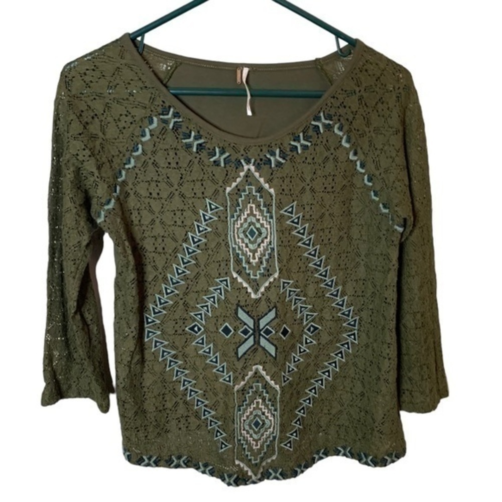 Free People Green Aztec Lace Blouse Size Small - Picture 2 of 4